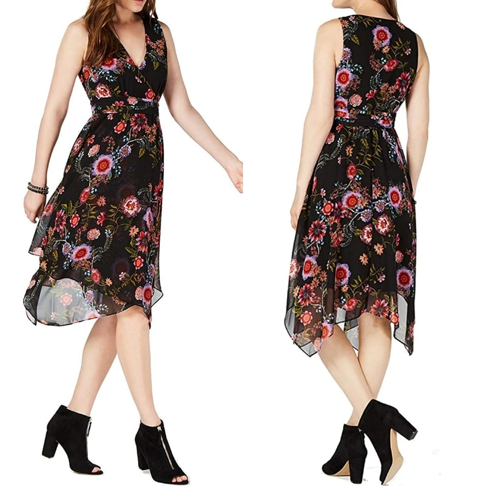 INC INTERNATIONAL CONCEPTS Floral Print Handkerchief Hem Midi Dress Wedding Sz 6